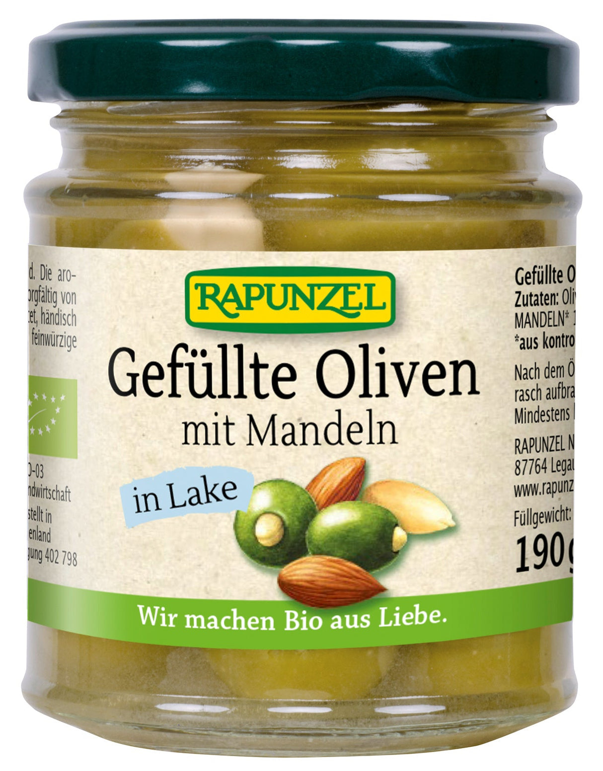 Bio Oliven grün, gefüllt mit Mandeln in Lake, 190 g - YOGISHOP