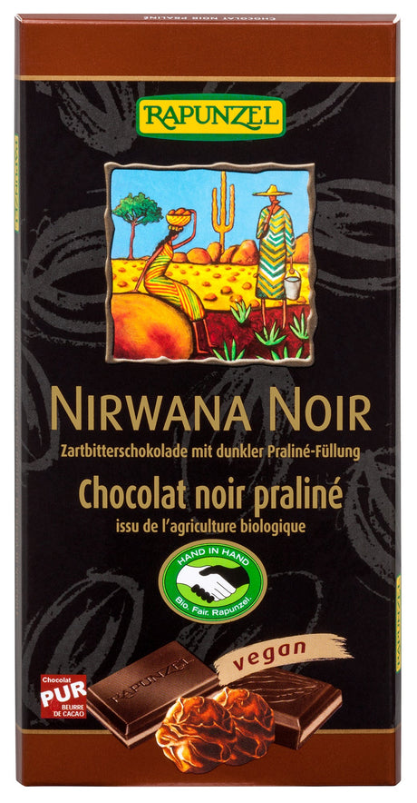 Bio Nirwana Noir Vegan Zartbitter Schokolade mit dunkler Praliné-Füllung, 100 g - YOGISHOP
