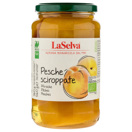 Bio Pfirsichstücke handgeschält in Sirup, 560 g - YOGISHOP