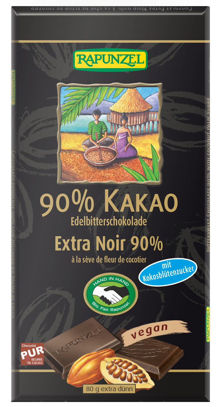 Bio Edelbitterschokolade 90% Kakao mit Kokosblütenzucker, 80 g - YOGISHOP