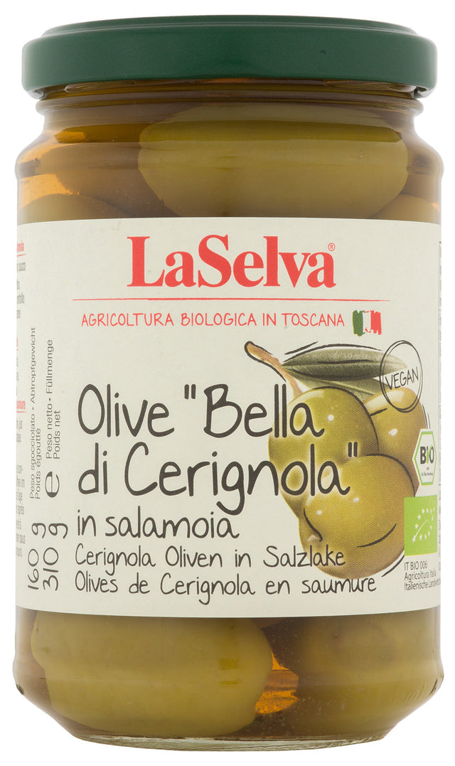 Bio Olive "Bella di Cerignola", große grüne Oliven,  310 g - YOGISHOP