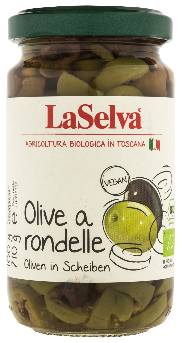 Bio Olive a rondelle, grüne und schwarze Oliven in Scheiben, 210 g - YOGISHOP