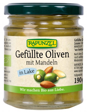 Bio Oliven grün, gefüllt mit Mandeln in Lake, 190 g 
